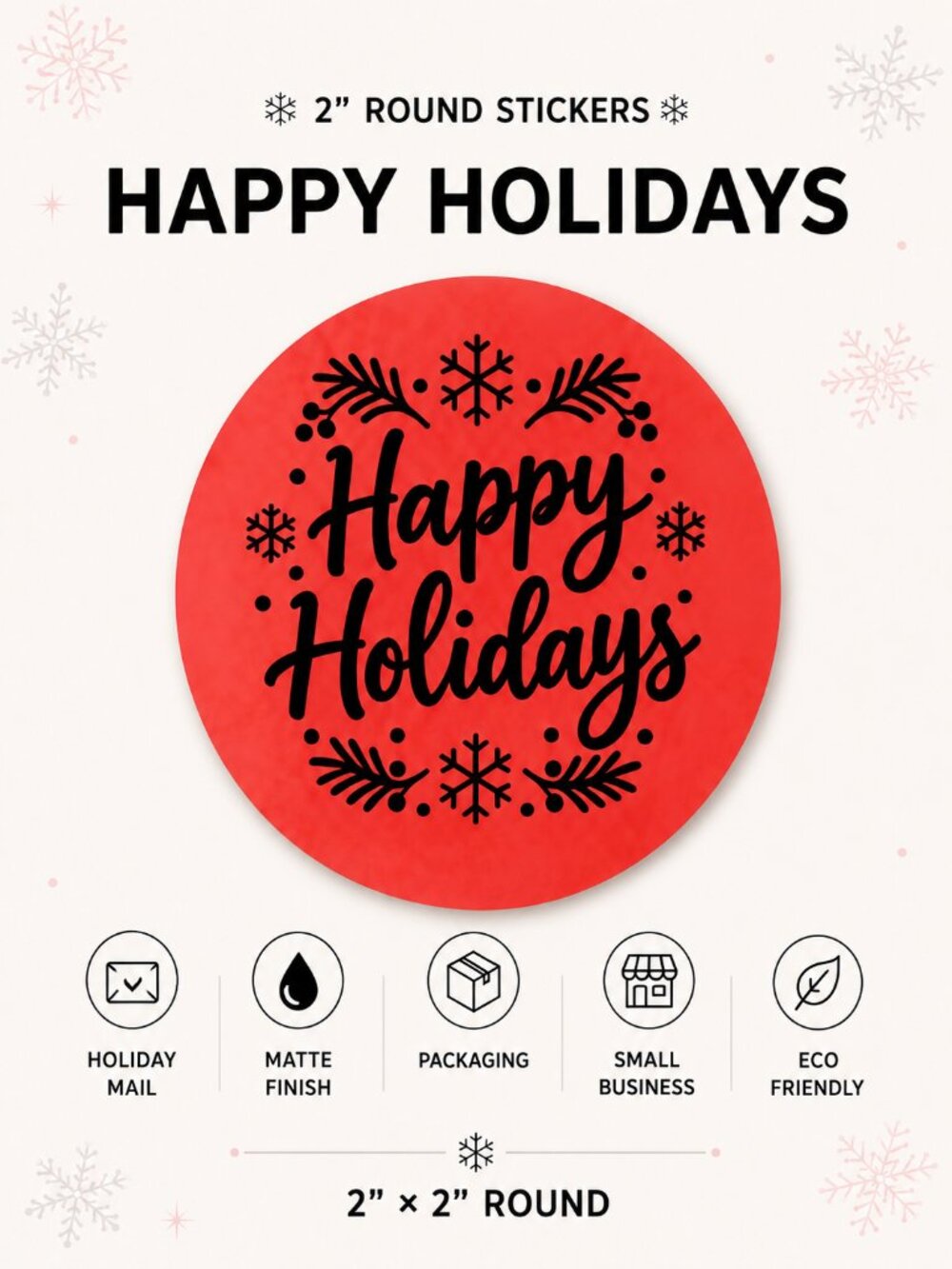 100 Happy Holidays Stickers 2” Round Red Holiday Packaging Labels & Seals